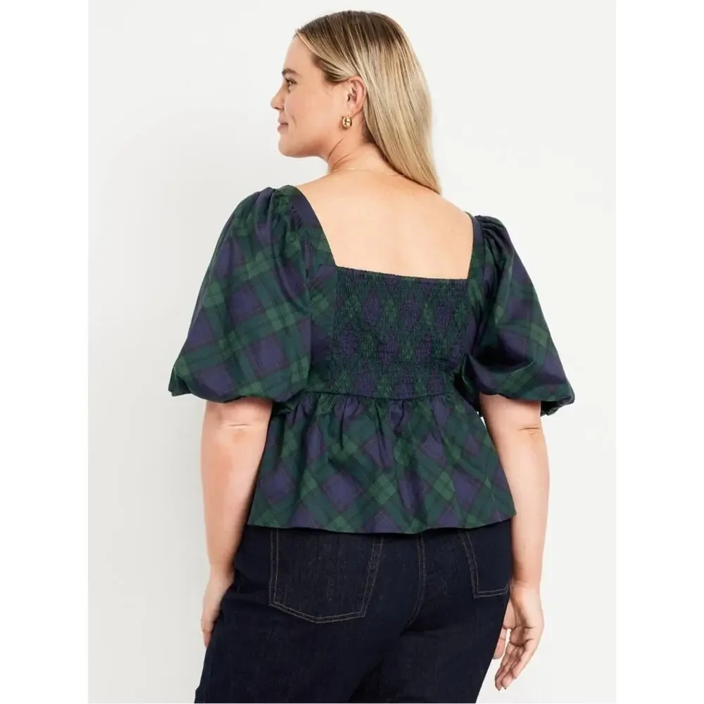 Old Navy green plaid Puff-Sleeve Plaid Poplin Peplum Top